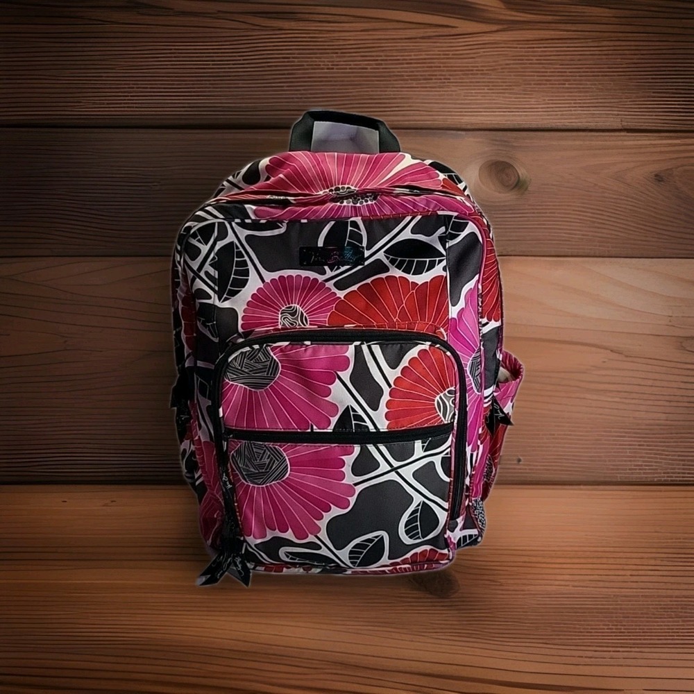 Vera Bradley Lighten Up Red Pink Black Grey Floral Pattern Large Backpack
